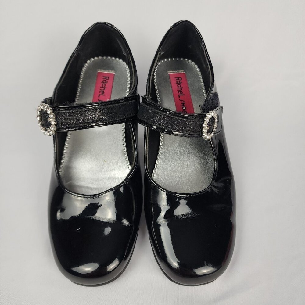 Rachel Shoes Girls 3M Black "Patent Leather Look" Rhinestone Hook‎ Loop Closure - Picture 2 of 15